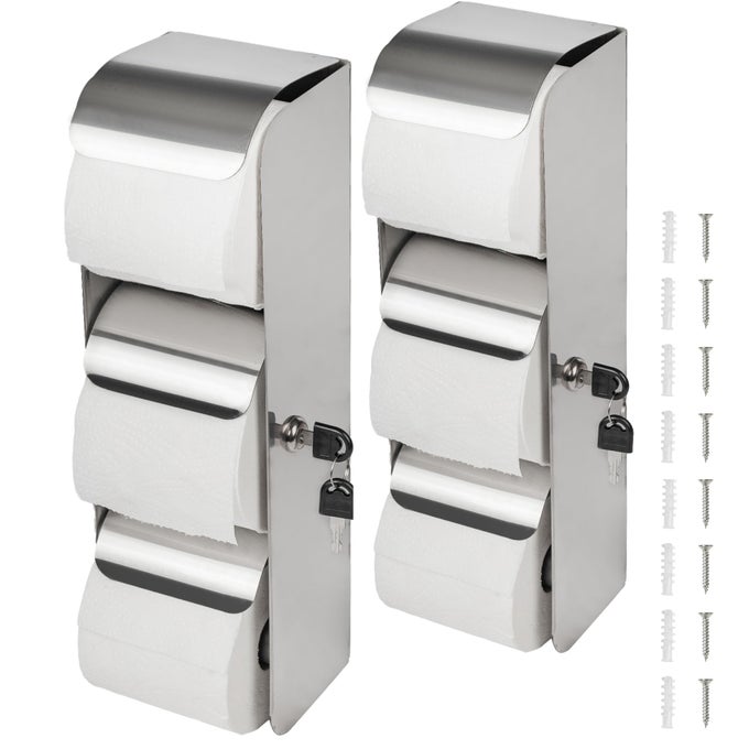 2PCS COMMERCIAL TOILET PAPER HOLDER WITH LOCK 3 ROLL STAINLESS STEEL TOILET PAPERTISSUE DISPENSER WALL MOUNT DOUBLE ROLL TOILET TISSUE HOLDER FOR BATHROOMRESTROOM