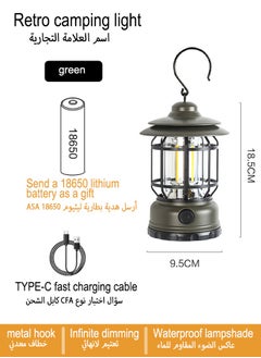 Generic Vintage Camping Lamp Indoor Outdoor Hanging Decorations Lanterns Type-C Rechargeable Camping Tent Light Waterproof Decorative Lanterns for Yard Terrace Lawn Fireplace(Green)  - Image 2
