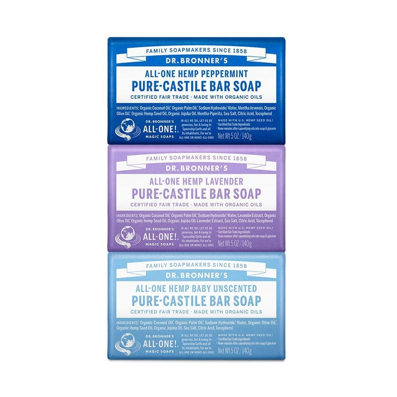 Dr Bronners PureCastile Bar Soap Made with Regenerative Organic Oils For Face Body Hair  More Vegan All Natural Soap Bar for Men  Women Variety 3Pack Peppermint Lavender Unscented
