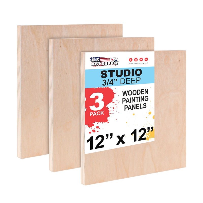 US Art Supply Unfinished Cradled Wood Panels for Painting 3 Pack of 12x12 inch  Studio Birch Wooden Canvas Boards 34 Deep  MixedMedia Craft Acrylic Oil Encaustic Paint Pouring Panel Board