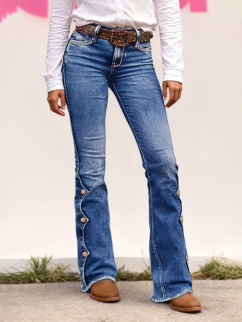 Flamingals Women's Buttoned Hem Bootcut Jeans Without Belt Mid Waist Casual Pants Mid Blue L - Image 2
