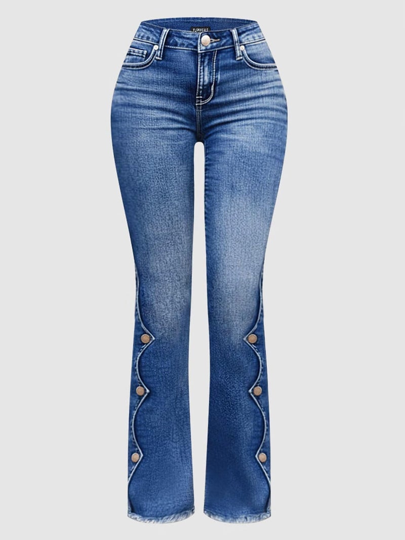 Flamingals Women's Buttoned Hem Bootcut Jeans Without Belt Mid Waist Casual Pants Mid Blue L - Image 5