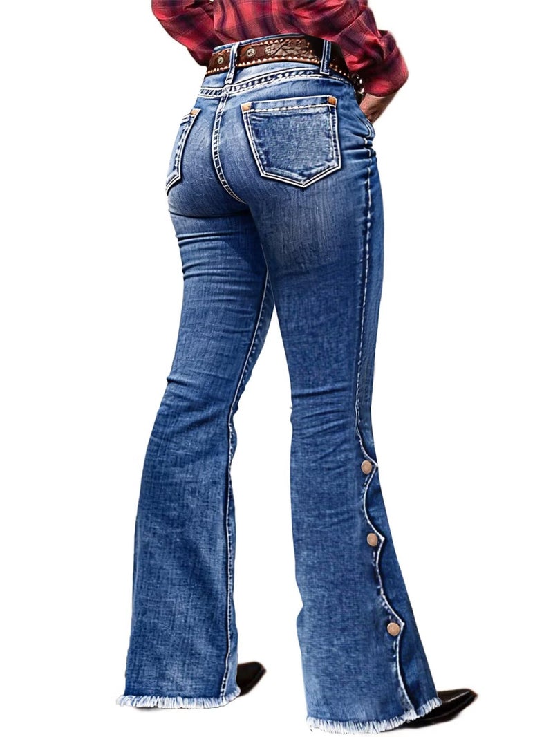Flamingals Women's Buttoned Hem Bootcut Jeans Without Belt Mid Waist Casual Pants Mid Blue L - Image 1