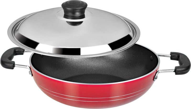 NonStick Coating Kadai  Fry Pan with Steel Lid 26 mmRed Valentine Day Gifts