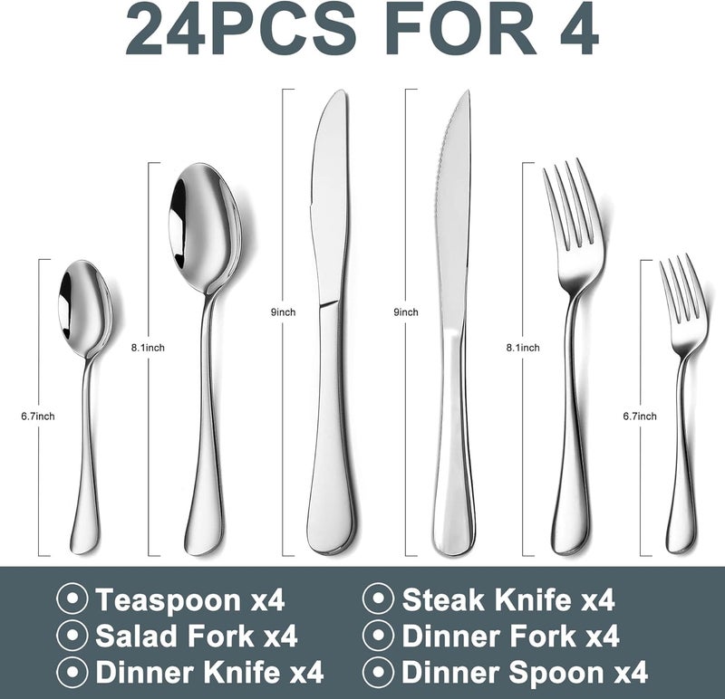 SANTUO 24-Piece Silverware Set with Steak Knives,Flatware Set for 4, Food-Grade Stainless Steel Tableware Cutlery Set, Mirror Finished Utensil Sets for Home Restaurant - Image 3