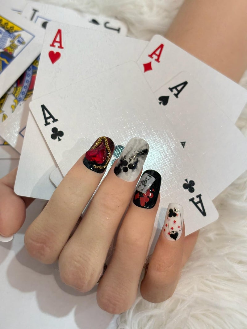 SIMAYKUWA 3D Self-Adhesive Nail Stickers - Poker Theme with Hearts & Diamonds, Trendy Fashion Nail Art Designs for Womenâ€‹ A Set of 2 Sheets - Image 2