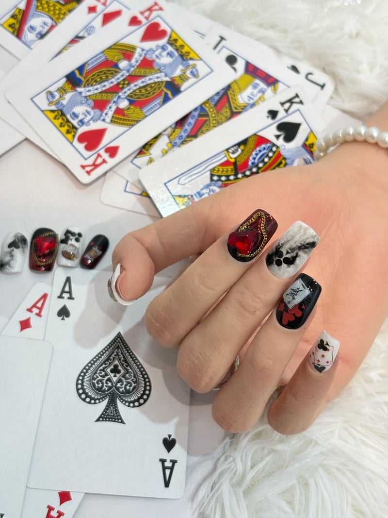 SIMAYKUWA 3D Self-Adhesive Nail Stickers - Poker Theme with Hearts & Diamonds, Trendy Fashion Nail Art Designs for Womenâ€‹ A Set of 2 Sheets - Image 3