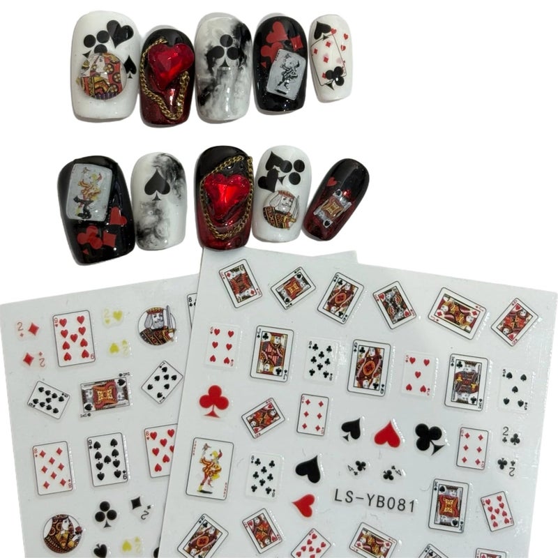 SIMAYKUWA 3D Self-Adhesive Nail Stickers - Poker Theme with Hearts & Diamonds, Trendy Fashion Nail Art Designs for Womenâ€‹ A Set of 2 Sheets - Image 1