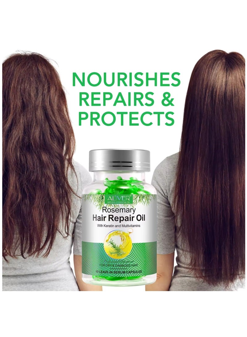 ALIVER 40 قطعة من كبسولات زيت إكليل الجبل لإصلاح الشعر - زيت إكليل الجبل العضوي مع الكيراتين والفيتامينات المتعددة - زيت إصلاح الشعر بإكليل الجبل يضيء ويغذي ويعالج الشعر الجاف والتالف - سيروم يُترك في الشعر - Image 2