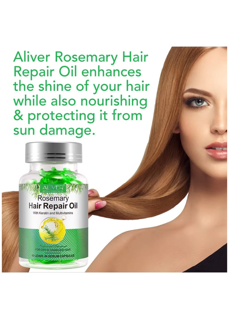 ALIVER 40 قطعة من كبسولات زيت إكليل الجبل لإصلاح الشعر - زيت إكليل الجبل العضوي مع الكيراتين والفيتامينات المتعددة - زيت إصلاح الشعر بإكليل الجبل يضيء ويغذي ويعالج الشعر الجاف والتالف - سيروم يُترك في الشعر - Image 4