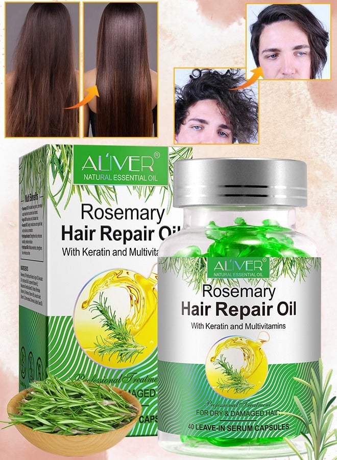 ALIVER 40 قطعة من كبسولات زيت إكليل الجبل لإصلاح الشعر - زيت إكليل الجبل العضوي مع الكيراتين والفيتامينات المتعددة - زيت إصلاح الشعر بإكليل الجبل يضيء ويغذي ويعالج الشعر الجاف والتالف - سيروم يُترك في الشعر - Image 1