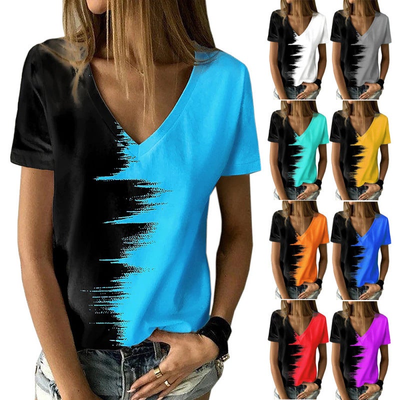 2022 Women'S Plus Size Top Contrast Printed V-Neck Short-Sleeved T-Shirt - Image 2