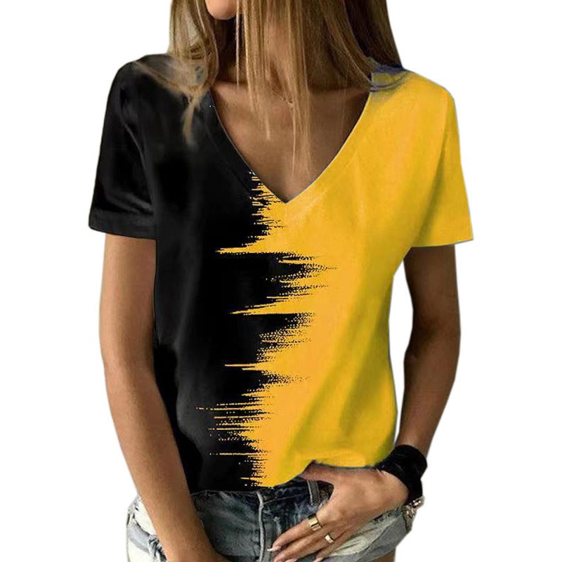 2022 Women'S Plus Size Top Contrast Printed V-Neck Short-Sleeved T-Shirt - Image 4