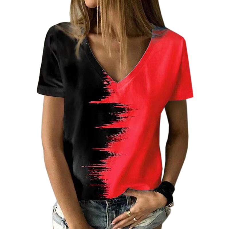 2022 Women'S Plus Size Top Contrast Printed V-Neck Short-Sleeved T-Shirt - Image 5