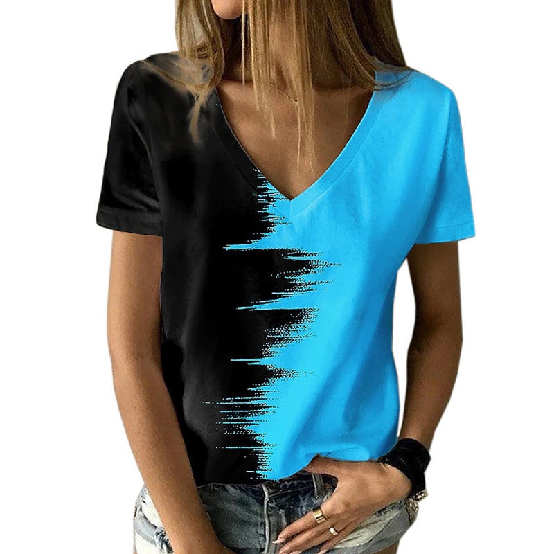 2022 Women'S Plus Size Top Contrast Printed V-Neck Short-Sleeved T-Shirt - Image 1