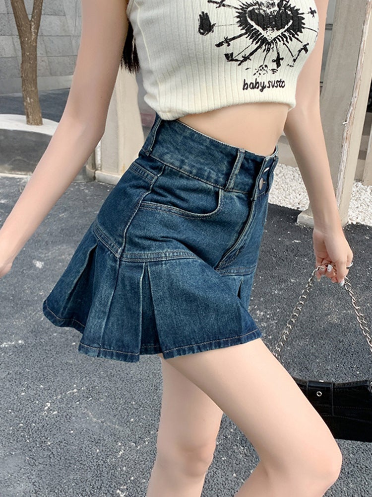 Korean Style Hot Girl High Waist Pleated Denim Skirt Women's 2025 Summer New Double Buckle Belt Lining Hip Covering A- line Short Skirt - Image 4