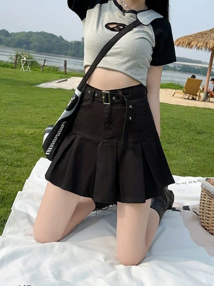 Korean Style Hot Girl High Waist Pleated Denim Skirt Women's 2025 Summer New Double Buckle Belt Lining Hip Covering A- line Short Skirt - Image 5