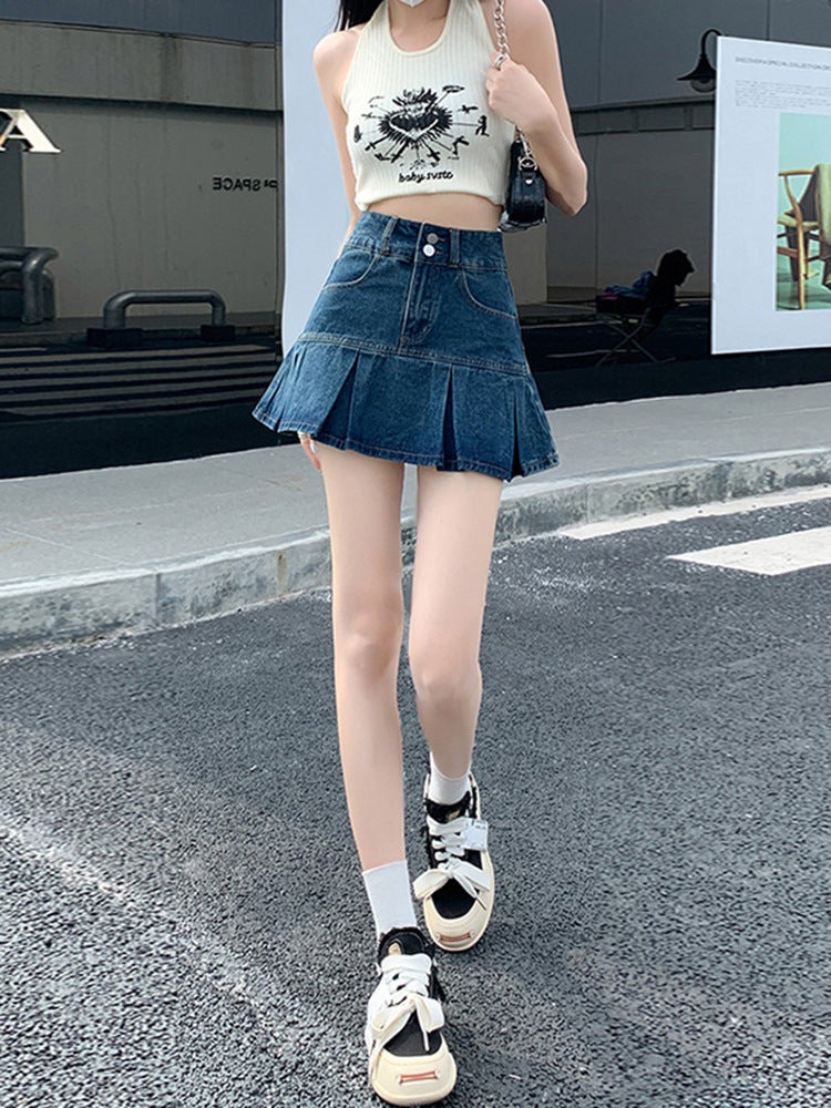 Korean Style Hot Girl High Waist Pleated Denim Skirt Women's 2025 Summer New Double Buckle Belt Lining Hip Covering A- line Short Skirt - Image 2