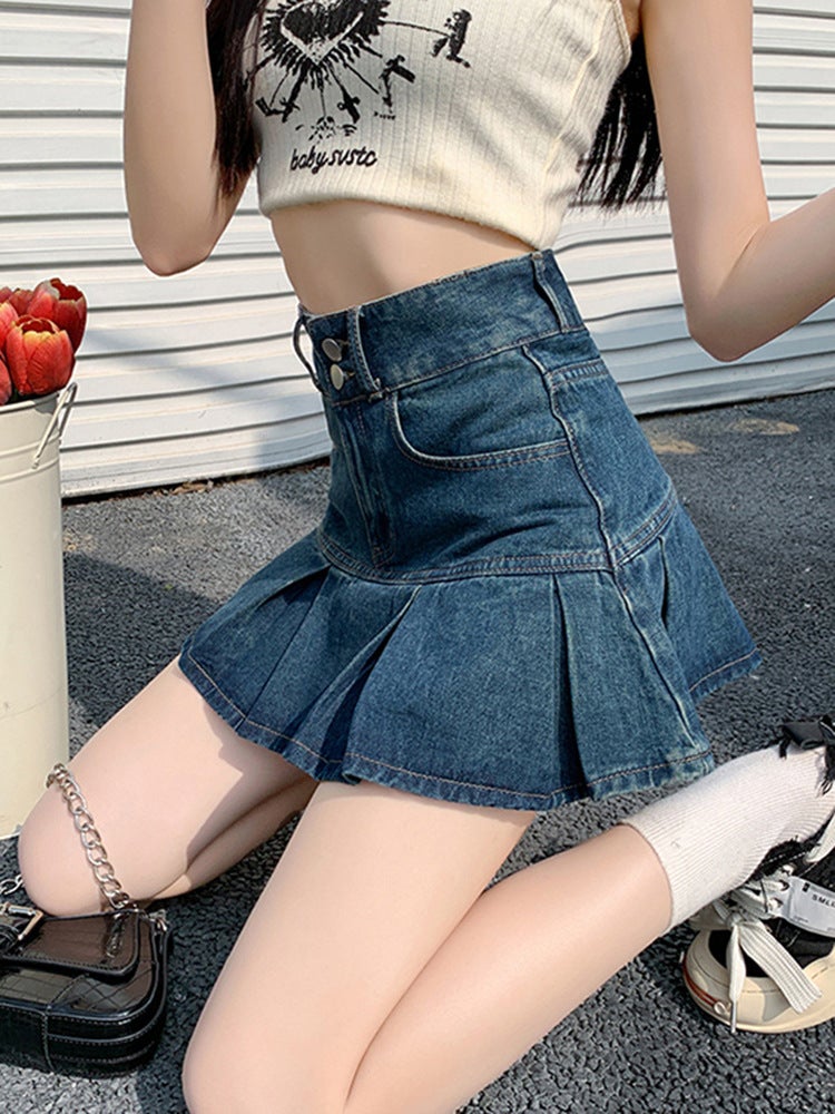 Korean Style Hot Girl High Waist Pleated Denim Skirt Women's 2025 Summer New Double Buckle Belt Lining Hip Covering A- line Short Skirt - Image 3