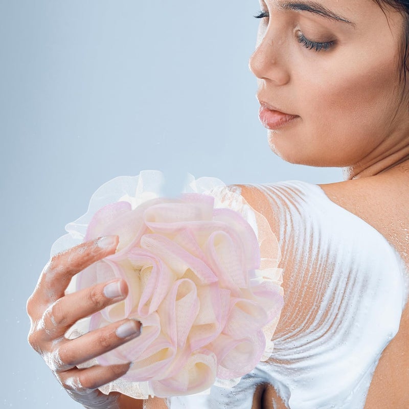 Bath Pouf Exfoliating Loofah Sponge 2-in-1 Shower Mesh Scrubber Ball for Home and Travel Use, White Bathing Pouf Back Scrubber Body Cleaning Accessory - Image 5