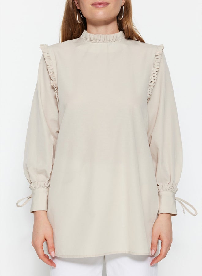trendyol Stone Shoulder and Cuff Frilly Woven Cotton Tunic - Image 3