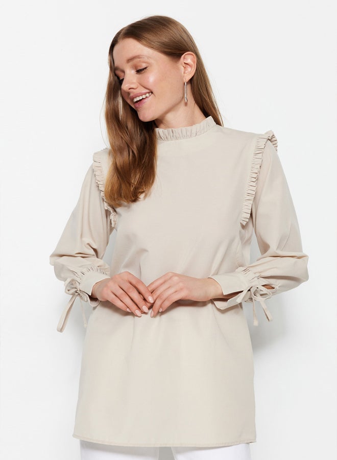trendyol Stone Shoulder and Cuff Frilly Woven Cotton Tunic - Image 1