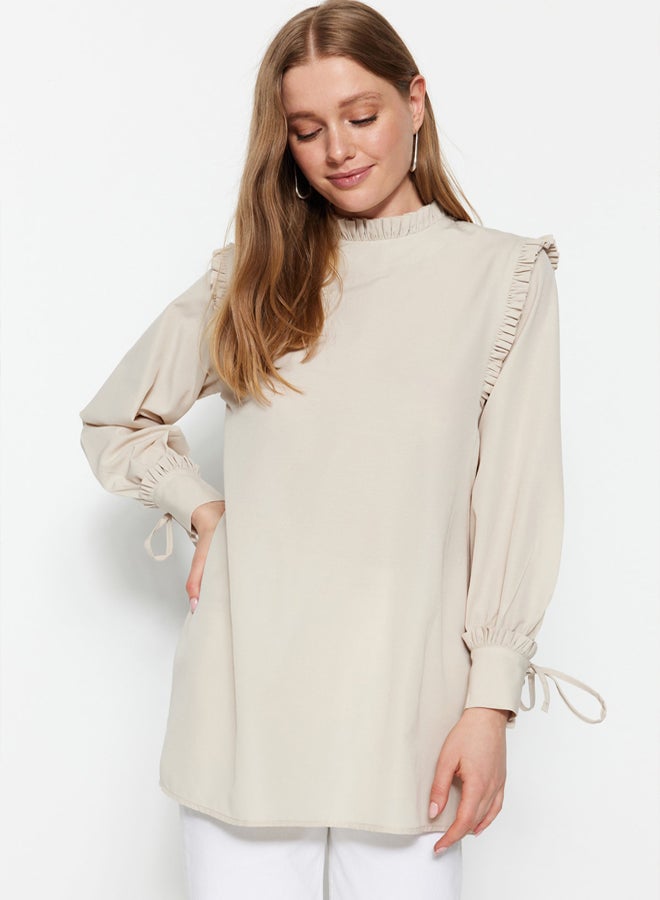 trendyol Stone Shoulder and Cuff Frilly Woven Cotton Tunic - Image 5