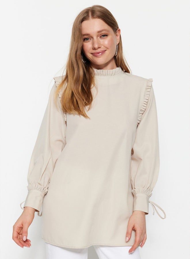 trendyol Stone Shoulder and Cuff Frilly Woven Cotton Tunic - Image 2
