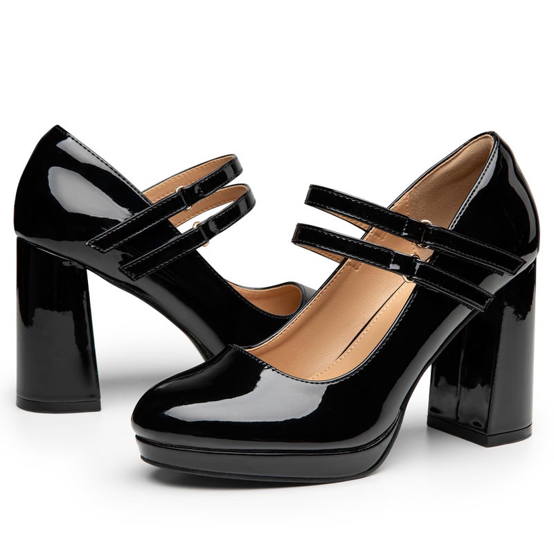 Trary Black Heels for Women, Mary Jane Shoes Platform Chunky Block High Heels with Buckle Strap Comfortable Dress Pumps for Office Party Casual Round Toe Pumps Shoes, Size 9 - Image 1