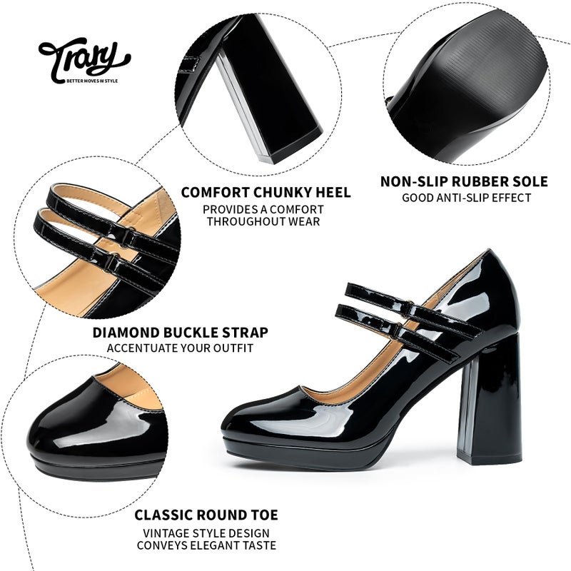 Trary Black Heels for Women, Mary Jane Shoes Platform Chunky Block High Heels with Buckle Strap Comfortable Dress Pumps for Office Party Casual Round Toe Pumps Shoes, Size 9 - Image 5