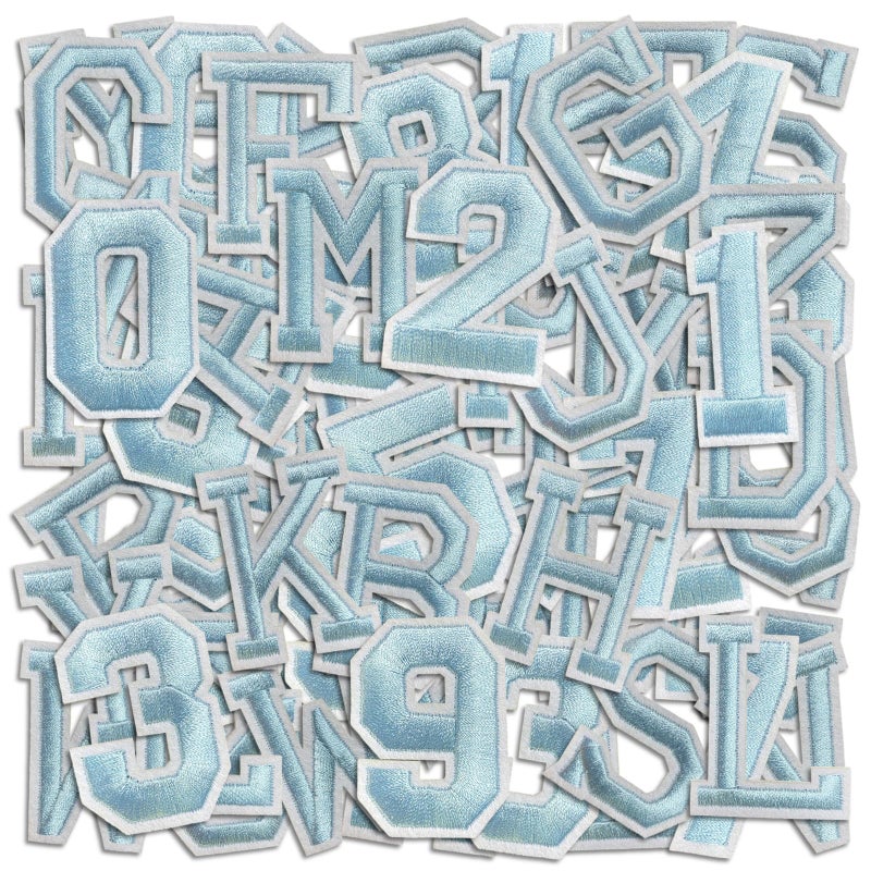 Letter and Number Iron On Patches AZ Alphabet and Numbers 09 Embroidery Applique Patch DIY Decorative Heat Press Patches for Clothing Jeans Jackets Backpacks Hats Light Blue 72 Pcs