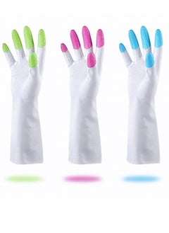 Reusable Dishwashing Cleaning Gloves with Latex free, Synthetic Rubber Gloves, Kitchen Gloves 3 Pairs, Green+Blue+Pink