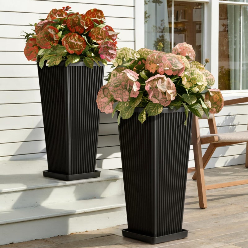 Trygoal Tall Black Planters Outdoor Set of 2-23.6" Modern Tapered Plastic Planters for Outdoor Plants with Drainage Holes/Partition/Tray, Large Indoor Planter for Porch Patio Garden Front Porch - Image 1