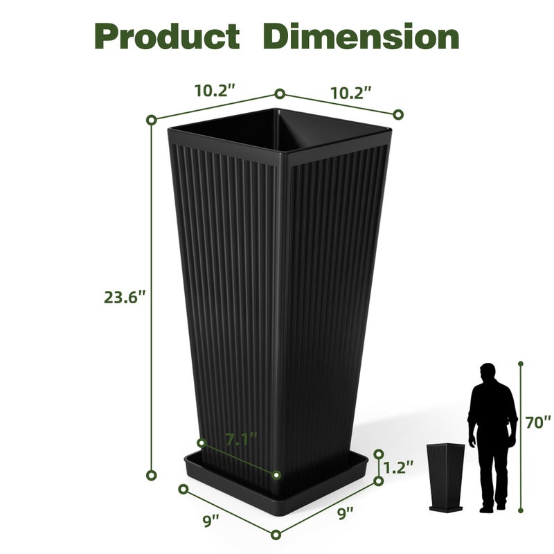 Trygoal Tall Black Planters Outdoor Set of 2-23.6" Modern Tapered Plastic Planters for Outdoor Plants with Drainage Holes/Partition/Tray, Large Indoor Planter for Porch Patio Garden Front Porch - Image 2
