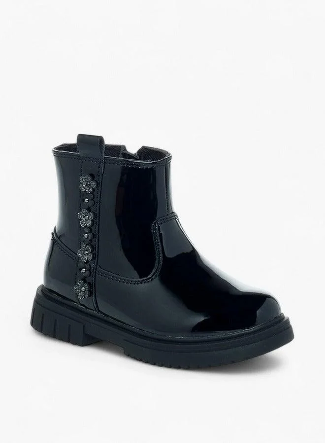 JUNIORS Floral Accent Ankle Boots with Zip Closure