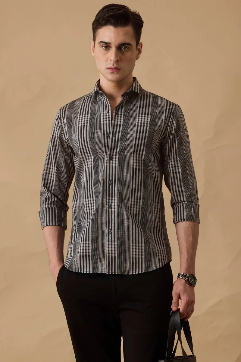 سنيتش Black Checkered Long Sleeve Slim Fit Formal Shirt