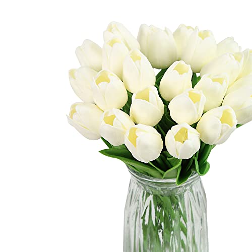 IPOPU Real Touch Tulips 24PCS Artificial Tulips Flowers for Decoration Cream Fake Tulips Floral Arrangements Artificial Faux Tulips Decor for Table Home Decor Baby Shower Centerpieces Off White