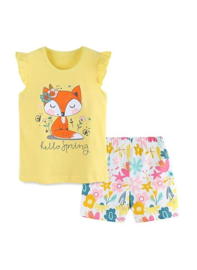 YUNIQEE Yellow Crew Neck Cap Sleeve Printed Tshirt & Shorts