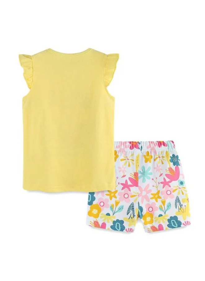 YUNIQEE Yellow Crew Neck Cap Sleeve Printed Tshirt & Shorts