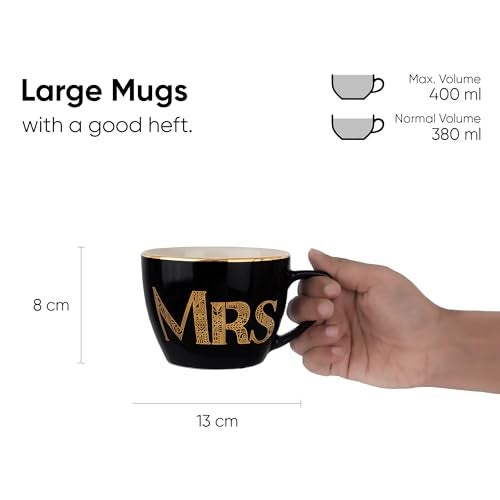 Shay Ceramic Couple Mugs, Set of 2, Black, 400ml | Coffee Mug | Glossy Finish | Large Cup for Coffee | Premium Stoneware Coffee Cup (Mr & Mrs) - Image 3