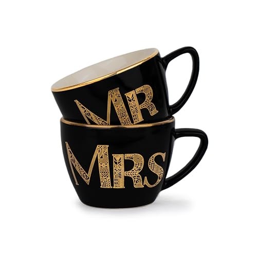 Shay Ceramic Couple Mugs, Set of 2, Black, 400ml | Coffee Mug | Glossy Finish | Large Cup for Coffee | Premium Stoneware Coffee Cup (Mr & Mrs) - Image 1