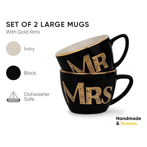 Shay Ceramic Couple Mugs, Set of 2, Black, 400ml | Coffee Mug | Glossy Finish | Large Cup for Coffee | Premium Stoneware Coffee Cup (Mr & Mrs) - Image 2