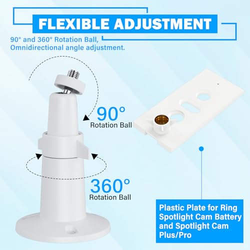 Saysurey 360° Adjustable Security Wall Mount Compatible with Ring Spotlight Cam Plus Pro Security Camera Mounting Bracket White Metal Camera Holder Indoor Outdoor Camera System (2 Pack) - Image 5