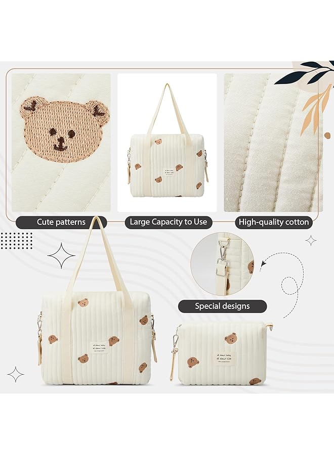Excefore Diaper Bag Tote 2 Piece Multilayered Fabrics Multifunction Maternity Bag With Quilted Cotton Cute Bear Design Stroller Storage Bag Travel Zip Closure Diaper Small Shoulder Bag Milk Bottle Bag - Image 3