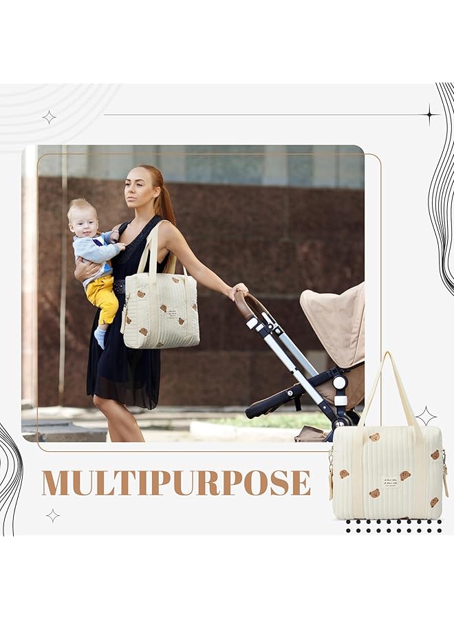 Excefore Diaper Bag Tote 2 Piece Multilayered Fabrics Multifunction Maternity Bag With Quilted Cotton Cute Bear Design Stroller Storage Bag Travel Zip Closure Diaper Small Shoulder Bag Milk Bottle Bag - Image 5