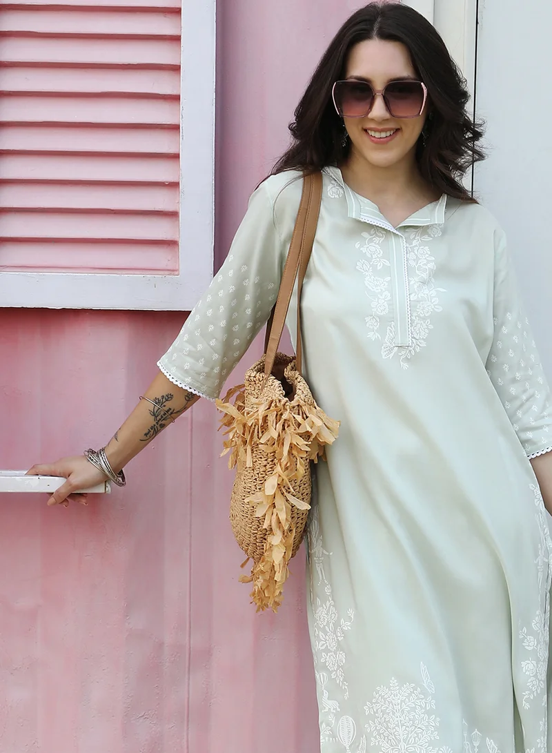 QISSA Women's Mint Green Chariot Print Kurta With Mint Green Trousers Set