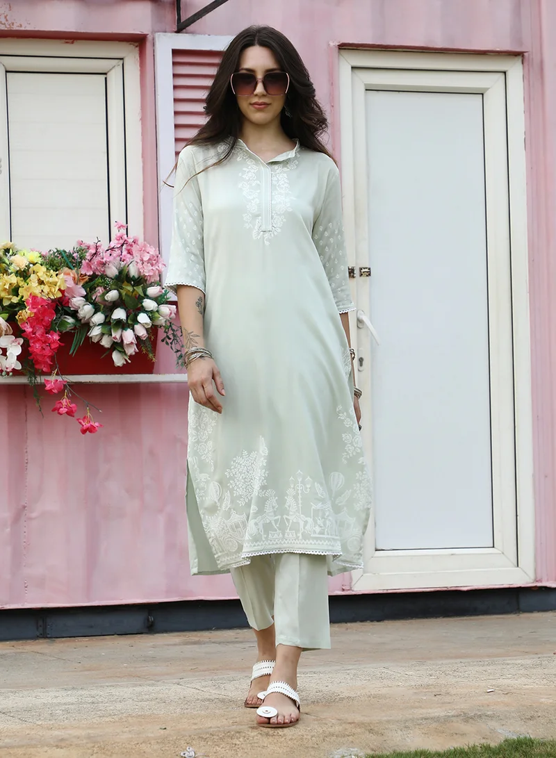 QISSA Women's Mint Green Chariot Print Kurta With Mint Green Trousers Set