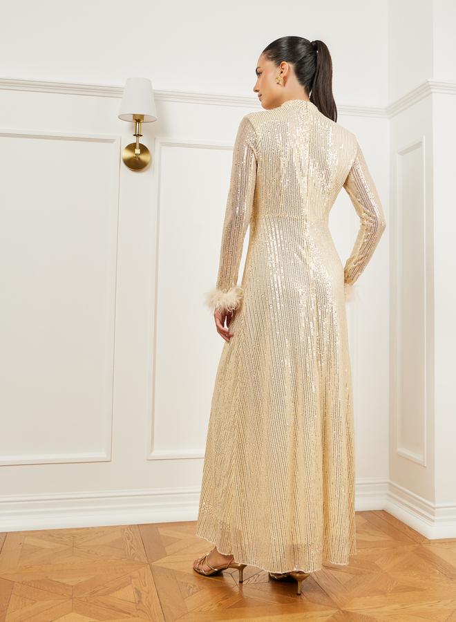Styli Gold Sequin Embellished Feather Trim Maxi Dress - Image 5