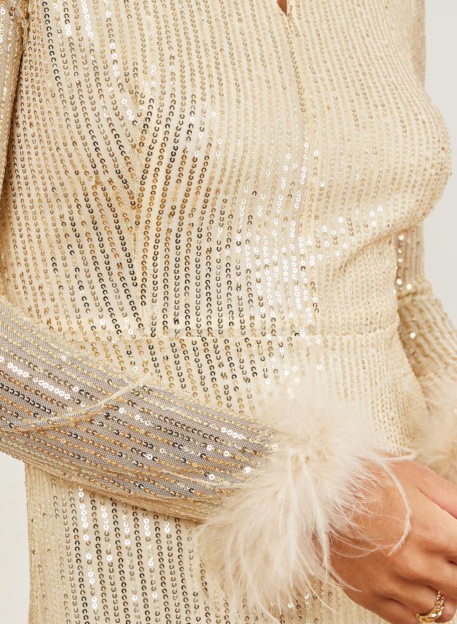 Styli Gold Sequin Embellished Feather Trim Maxi Dress - Image 4