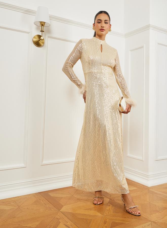 Styli Gold Sequin Embellished Feather Trim Maxi Dress - Image 3